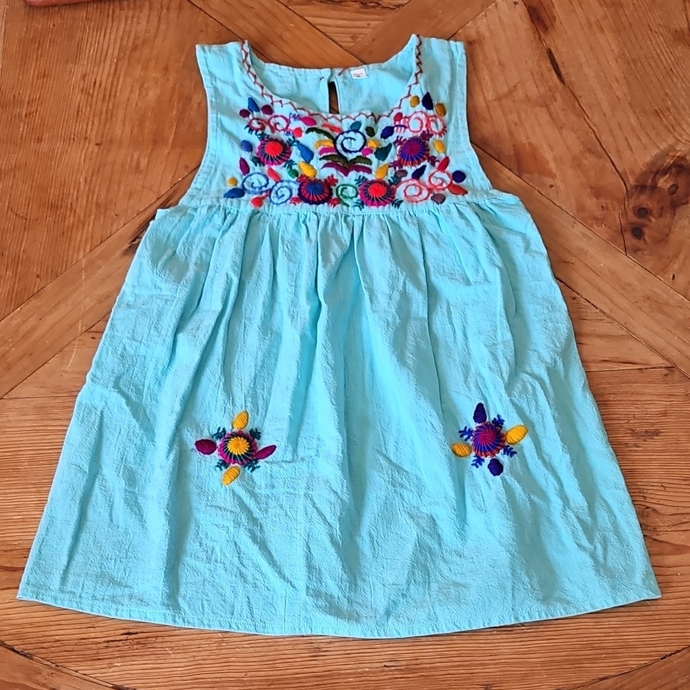 Global Trunk Guatemalan Turquoise Cotton Dress Colorful Embroidered Floral Sz 8